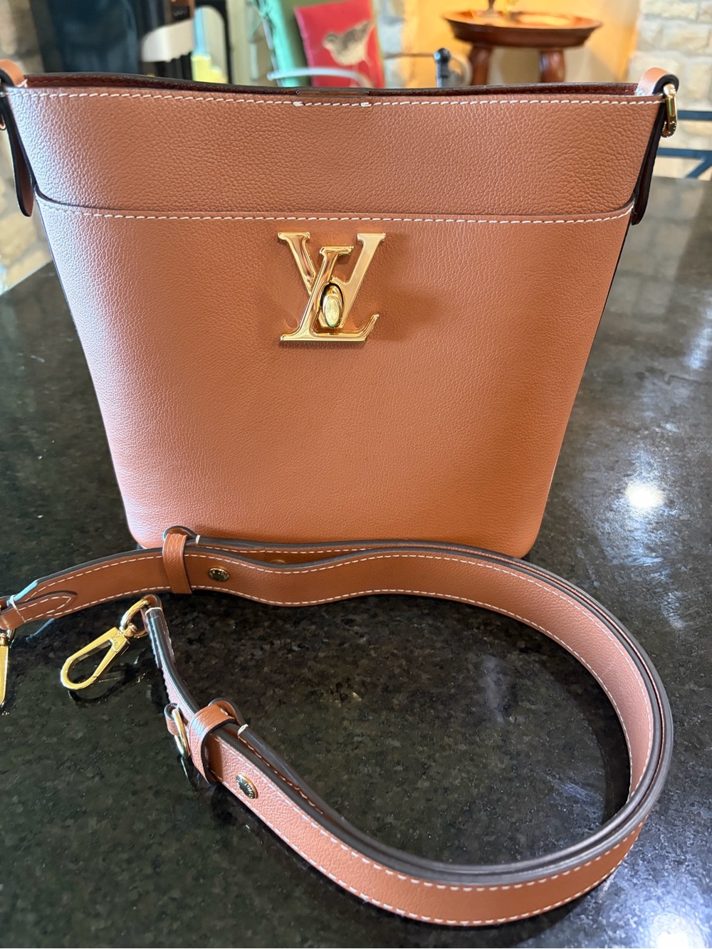Louis Vuitton Lock and Walk Crossbody Bucket Bag with Gold Hardware